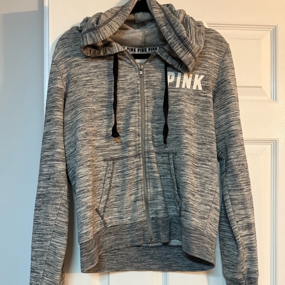 PINK hoodie large Victoria’s Secret women’s sweatshirt long sleeves grey zip up - Picture 3 of 12